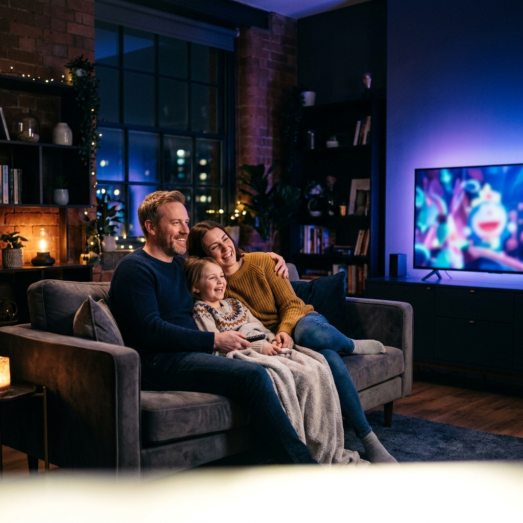 Family watching live sport and movies on Streamania IPTV